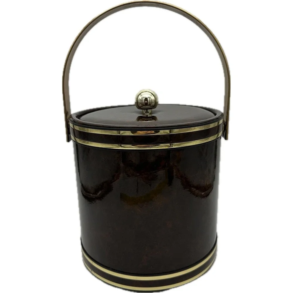 Vtg MCM Faux Tortoise Shell Brown Marbled Vinyl Padded‎ Ice Bucket Handle Core